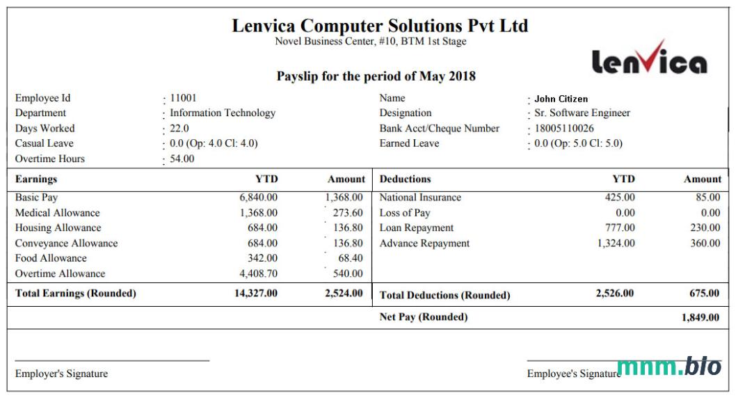 Lenvica computer solutions Pvt Ltd payslip w formatach Word i PDF